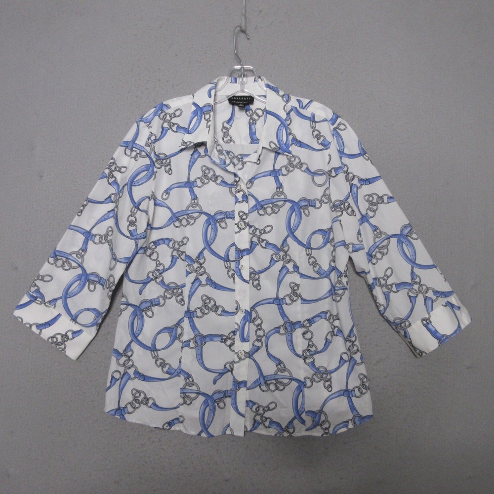 Foxcroft Top Button Up 16P Wrinkle Free Fitted Fit Blue White Equestrian Chain